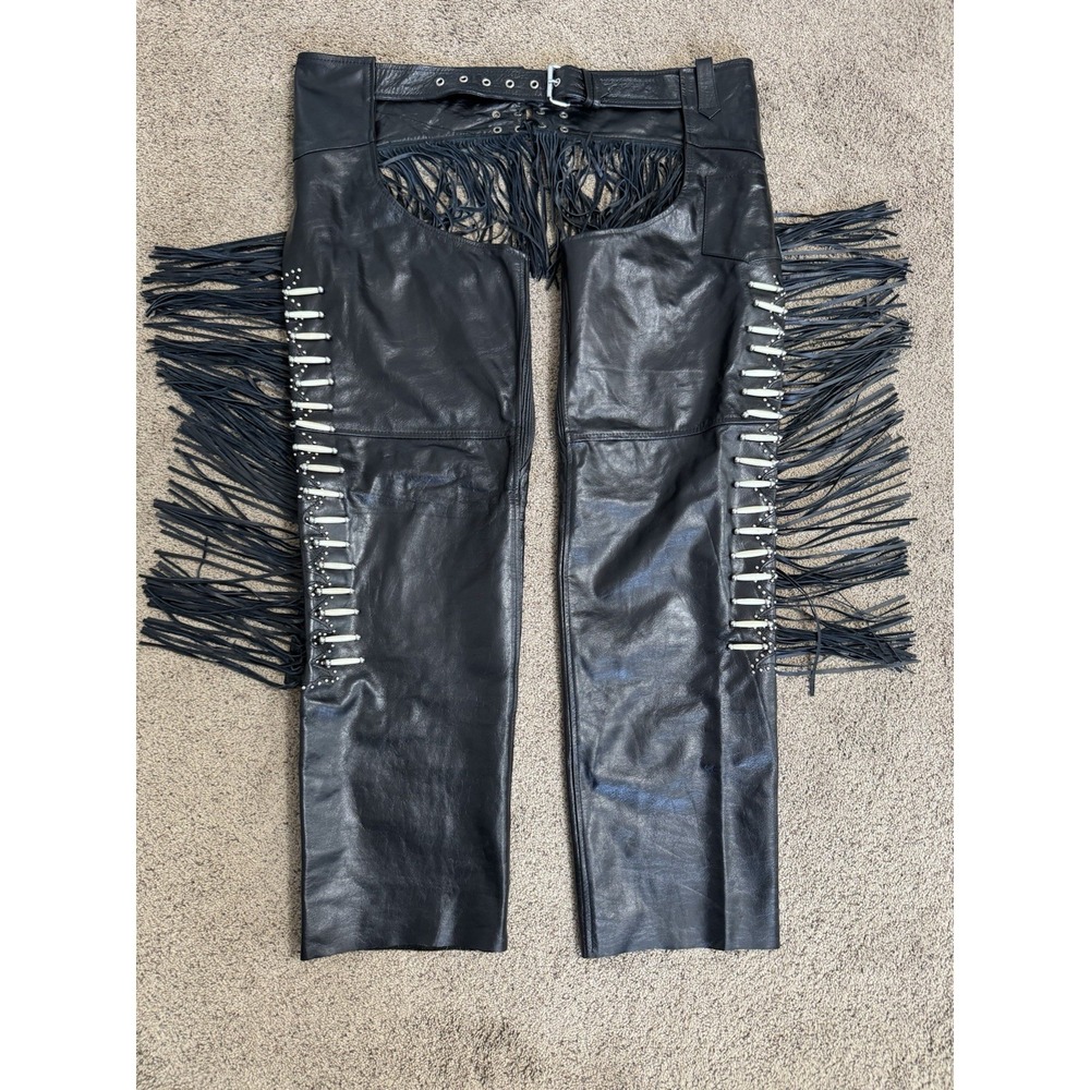 Vintage Jamin Black Leather Beaded Chaps‎ Size XL Fringe Biker Moto Western Bone